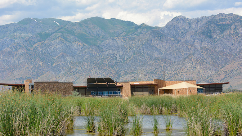 Marshes and visitor center in the Bear River Migratory Bird Refuge Center