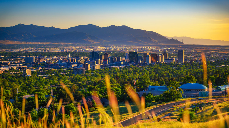 Cityscape of Salt Lake City skyline from afar at sunset