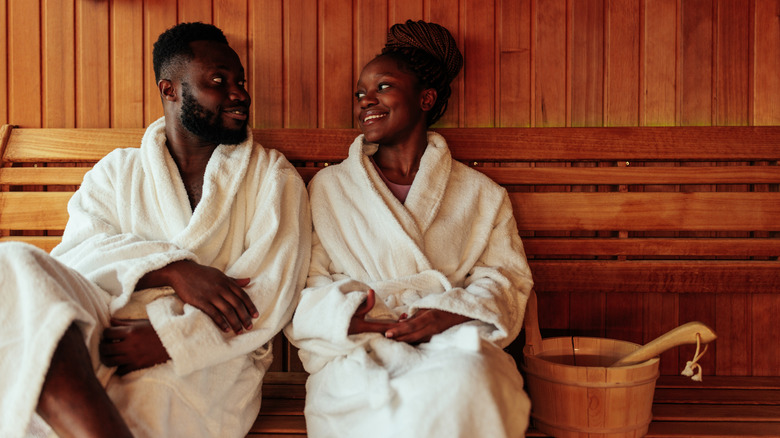 Robed couple in sauna