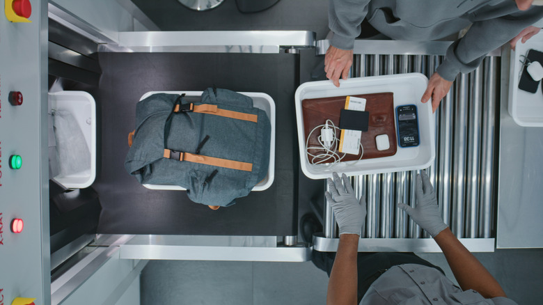 overhead shot of bag scanner belt