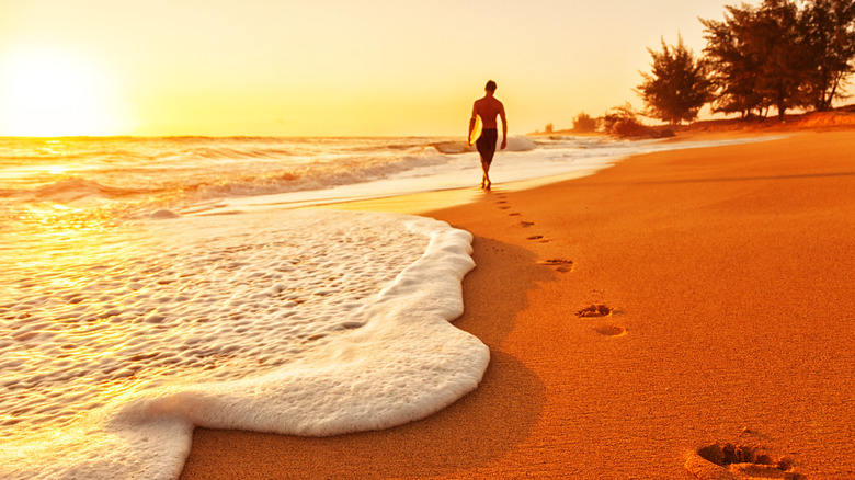 Surfer walking on a beach