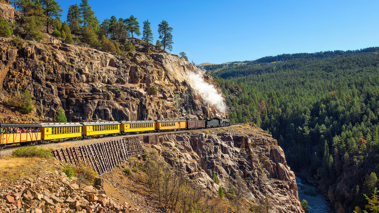 A train going through mountains