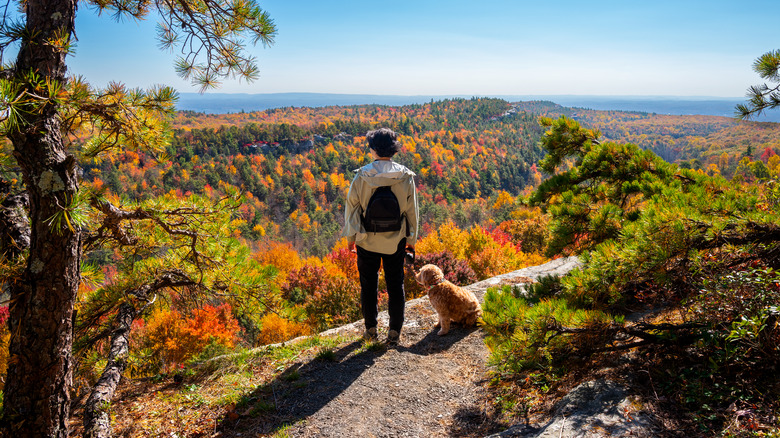 woman hiking with dog