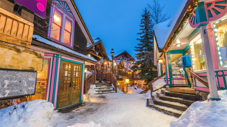 Colorful buildings with snow in Breckenridge
