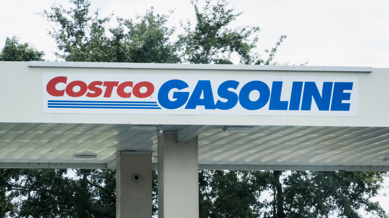The Costco Gasoline sign is seen at the entrance of the gas station.