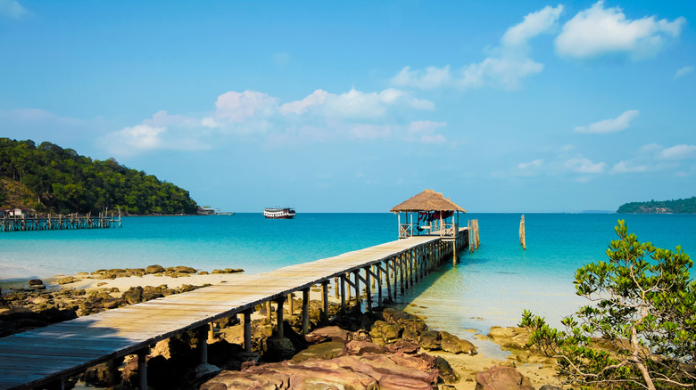 A long pier in tropical turquoise water