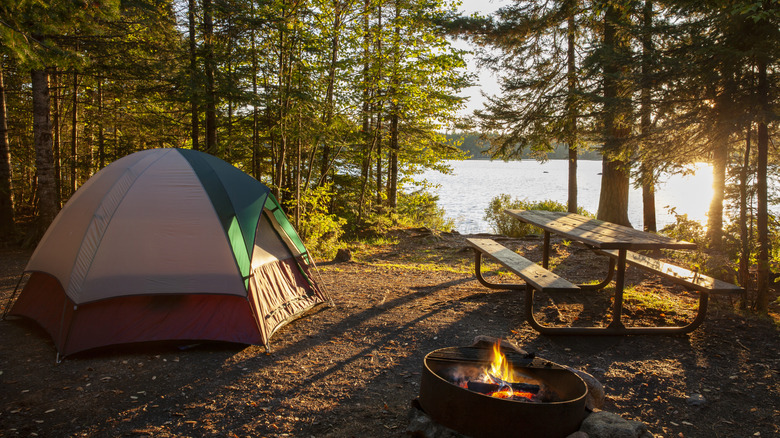 Campsite at the edge of a lake, tent set up