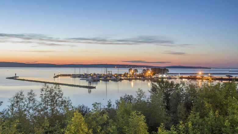 Shot of the Ashland Marina on the shore of Lake Superior in Wisconsin during a summer twilight