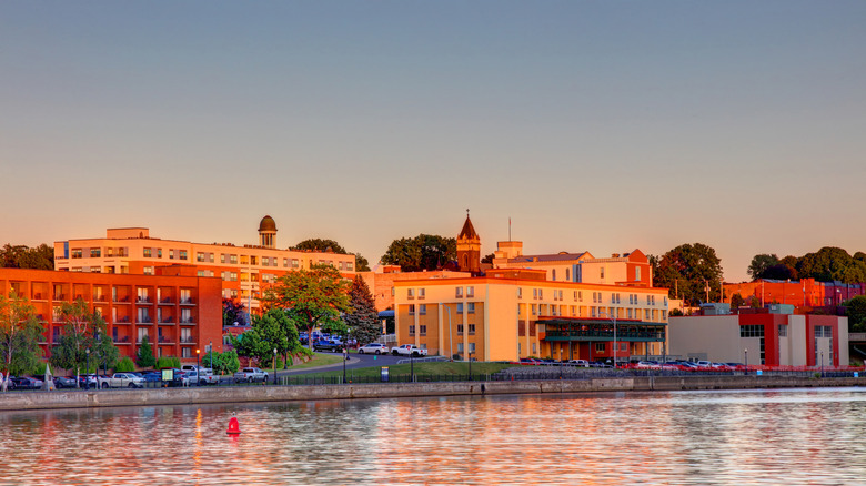 Waterfront buildings in Oswego, New York, at sunset