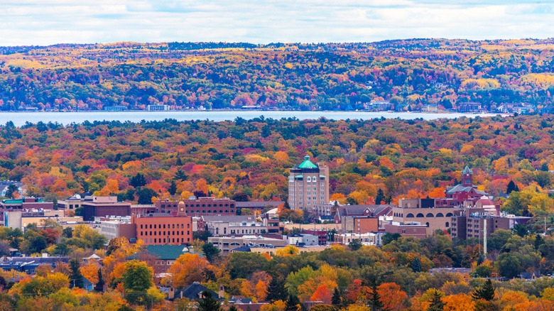 Fall colors in aerial shot of downtown Traverse City, Michigan