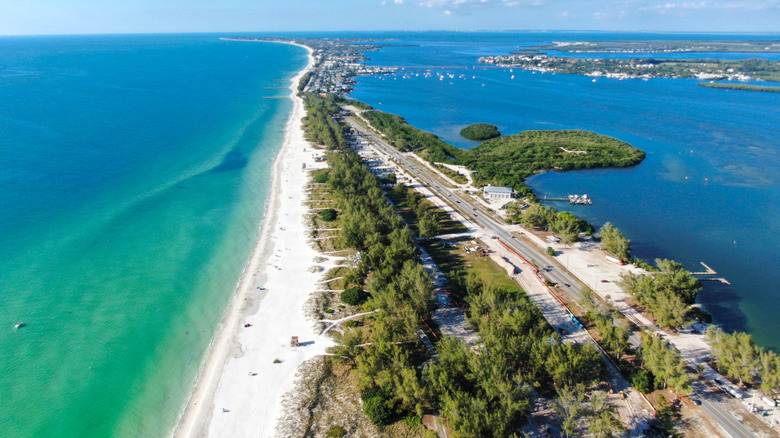 Aerial view of Anna Maria Island with white sand beaches and blue water