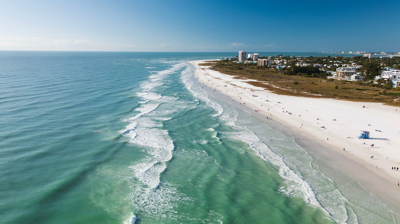 Aerial view over white sand beach in Siesta Key, Florida