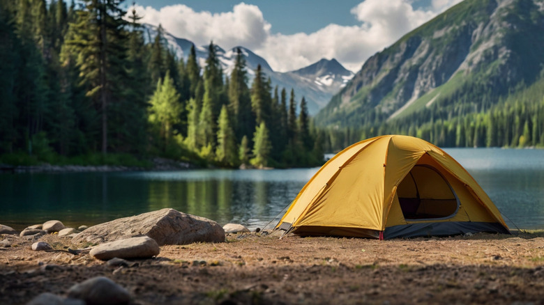 camping tent in the forest by a lake