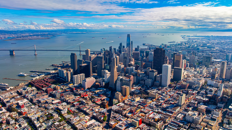 Aerial view of bridge road leading into San Francisco