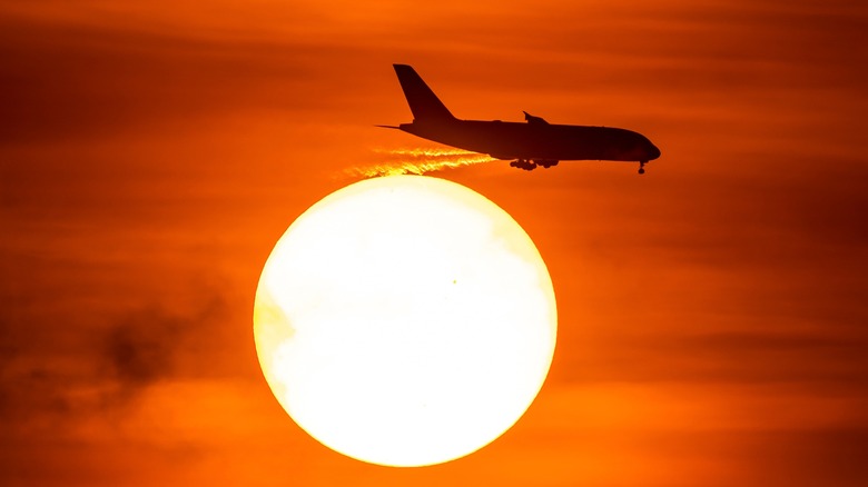 A plane flying at sunset