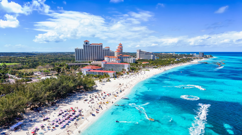 Aerial view of Cable Beach, Nassau, Bahamas, with water sports and turquoise ocean