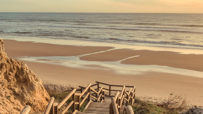 Wooden stairs leading down to a golden-sand beach