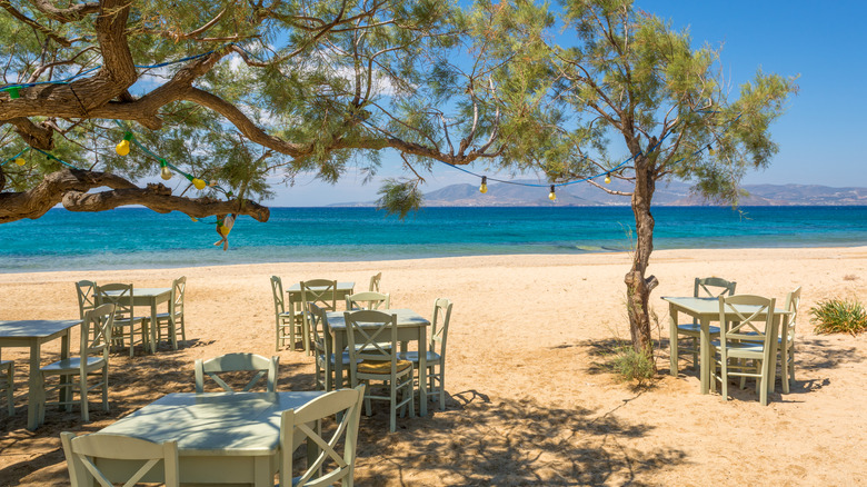 Tables and chairs under a juniper tree on Plaka Beach