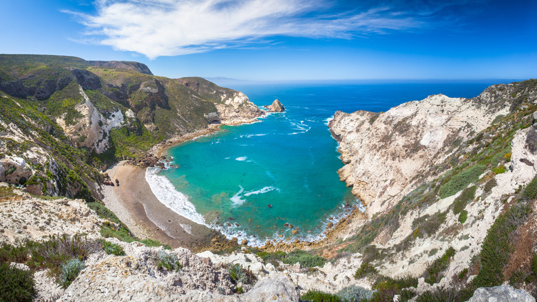 A panoramic photo of Potato Harbor, an oblong cove on the western side of Santa Cruz Island