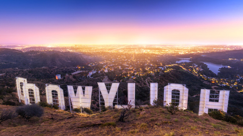 Back of the Hollywood sign at sunset