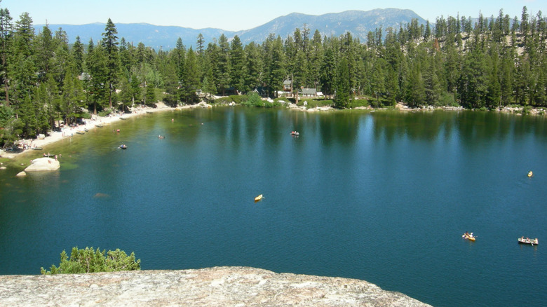 View from cliff over Angora Lakes in California