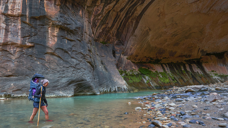 Hiker wades through the water in The Narrows