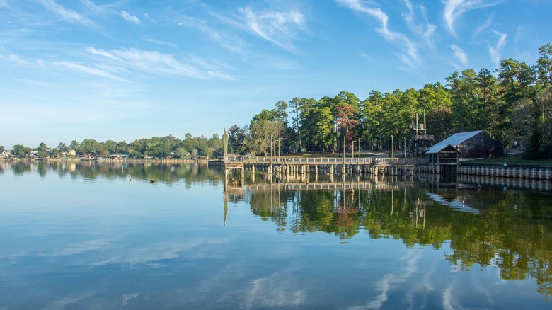 a lake with a jetty and trees on the shoreline reflected in the water