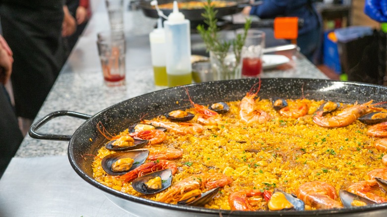 a large pan of paella