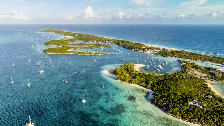 An aerial view of blue waters on the coast of the Bahamas in the Caribbean.