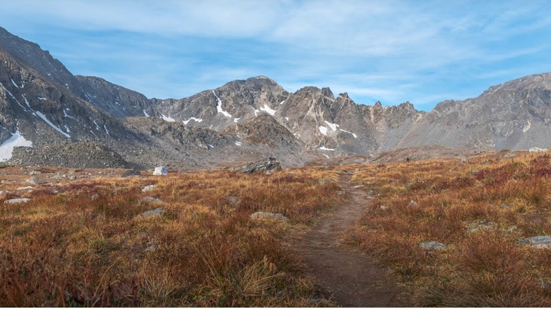 A trail leading through alpine terrain toward mountain peaks.