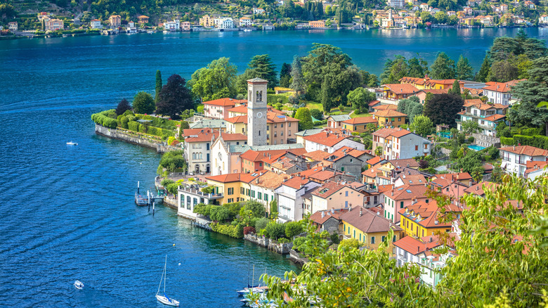 an aerial view of the village of Torno on Lake Como in Lombardy, Italy