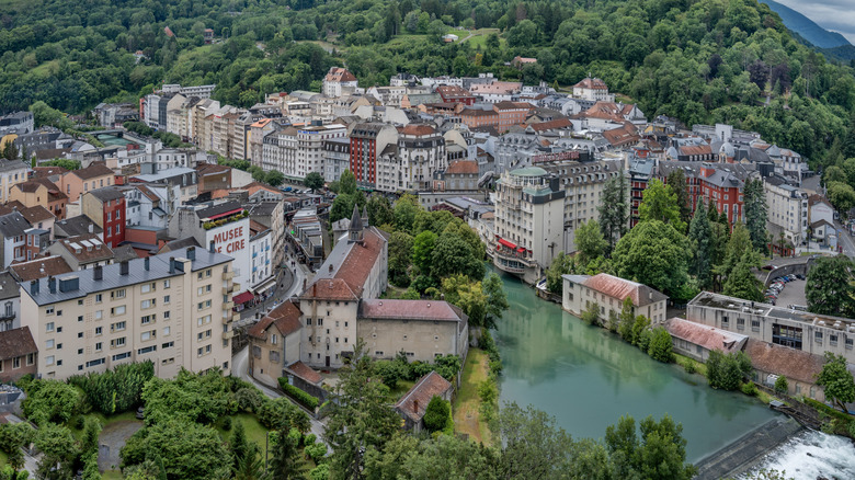 aerial view of town, hills, and river