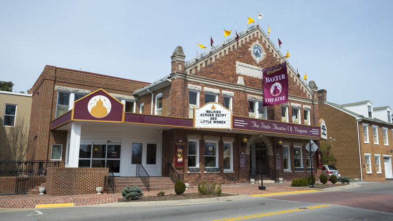The brick-lined facade and marquee of the Barter Theatre in Abingdon, Virginia