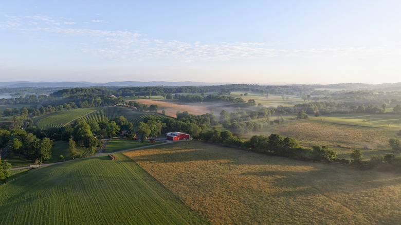 An aerial view of Blue Ridge Mountains and farmland in Loudoun County, VA.