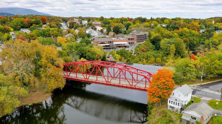 Aerial view of a red bridge crossing Esopus Creek