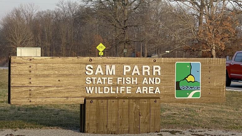 The large wooden sign for Sam Parr State Fish and Wildlife Area.