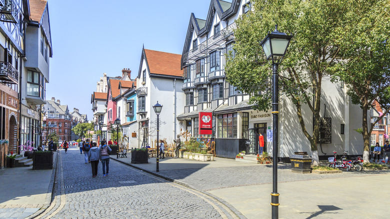 Half-timbered line a cobblestone street in Thames Town, China