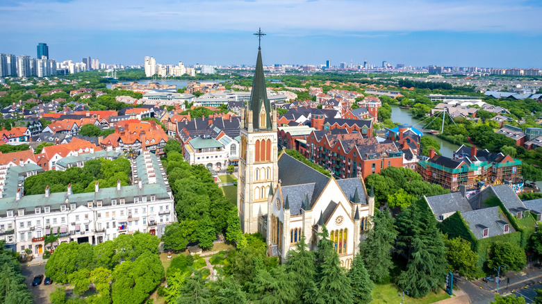 A traditional church rises in the middle of Thames Town, China
