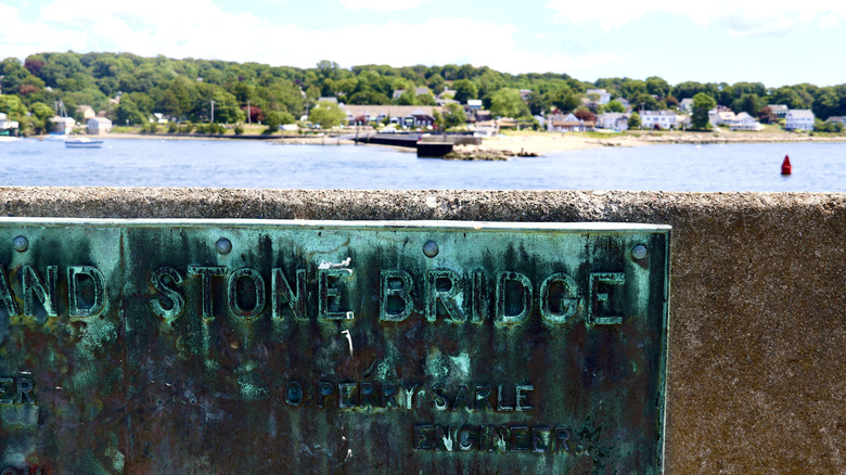 A sign identifies the remains of the Stone Bridge in Portsmouth, Rhode Island