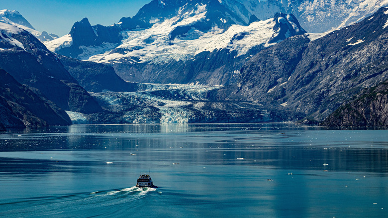 A cruise ship sails through Glacier Bay National Park.