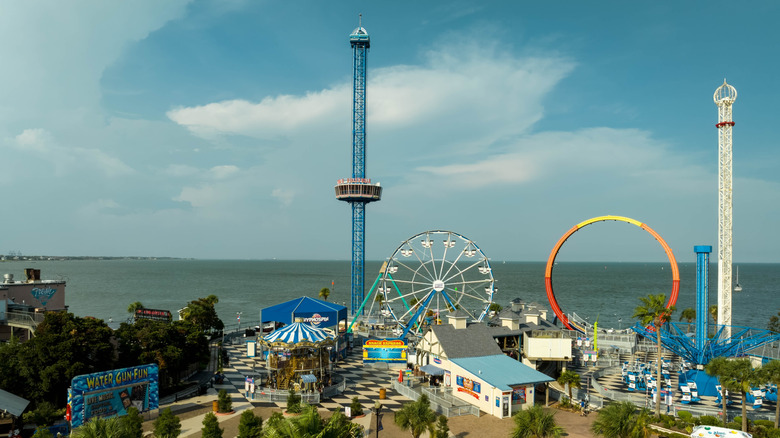 An aerial view of Kemah Boardwalk rides looking toward Galveston Bay in Kemah, Texas.