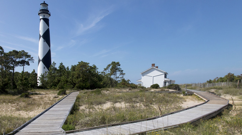 The Cape Lookout Lighthouse and boardwalk in North Carolina.