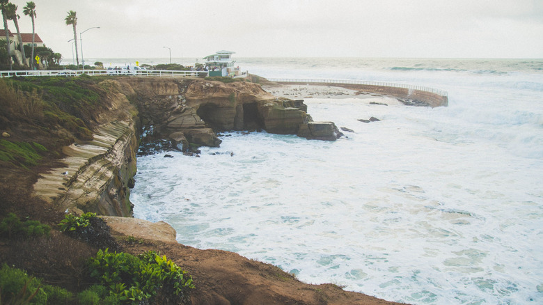 Scenic La Jolla Cove with a beach surrounded by cliffs in La Jolla