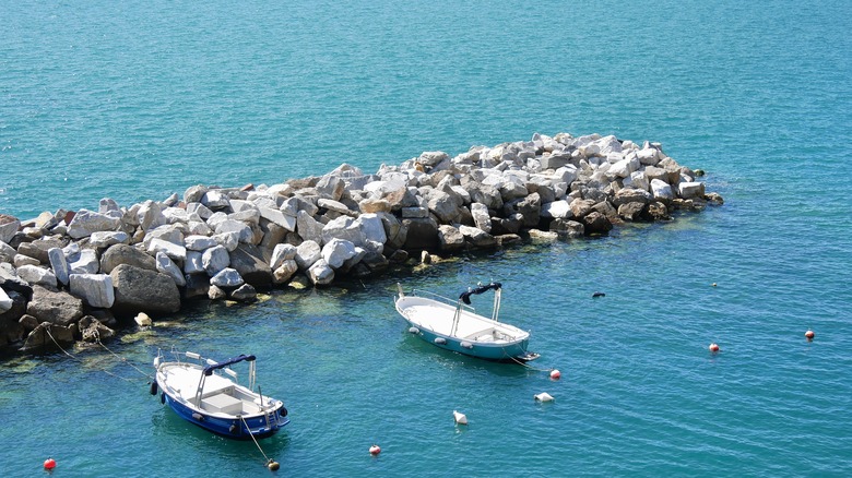 Small moored boats in Manarola harbour, Cinque Terre