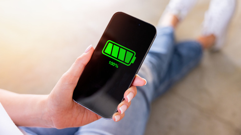 a person holding a fully charged mobile phone