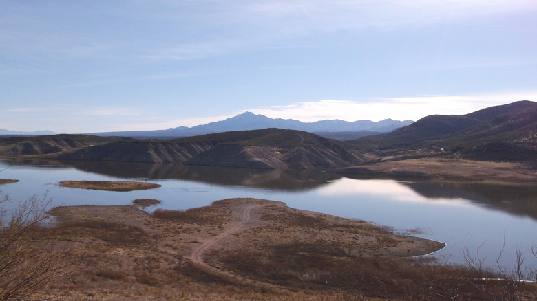 San Carlos Lake with mountains and desert in the background