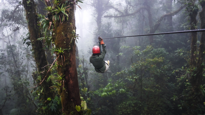 A traveler rides down a zip line in the Costa Rican cloud forest