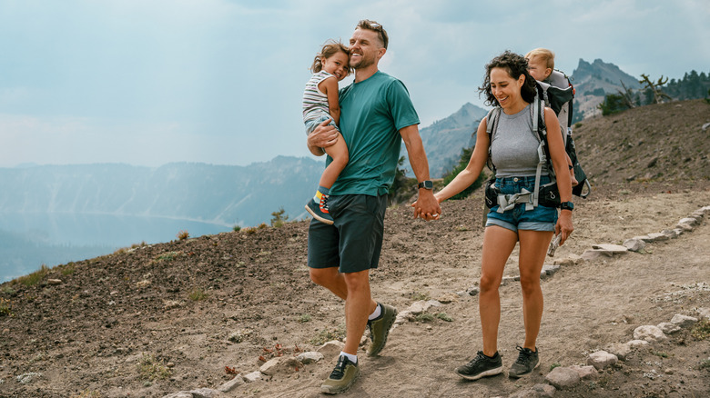 A family hikes in Oregon's Cascade Range