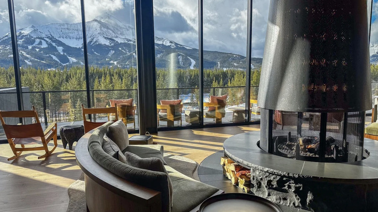 One&Only Moonlight Basin lobby with fireplace and mountain views
