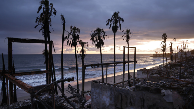 Fire damage over a beach in Malibu